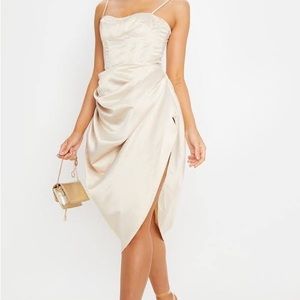Pretty Little Thing Cream Satin Fancy Ruched Skirt